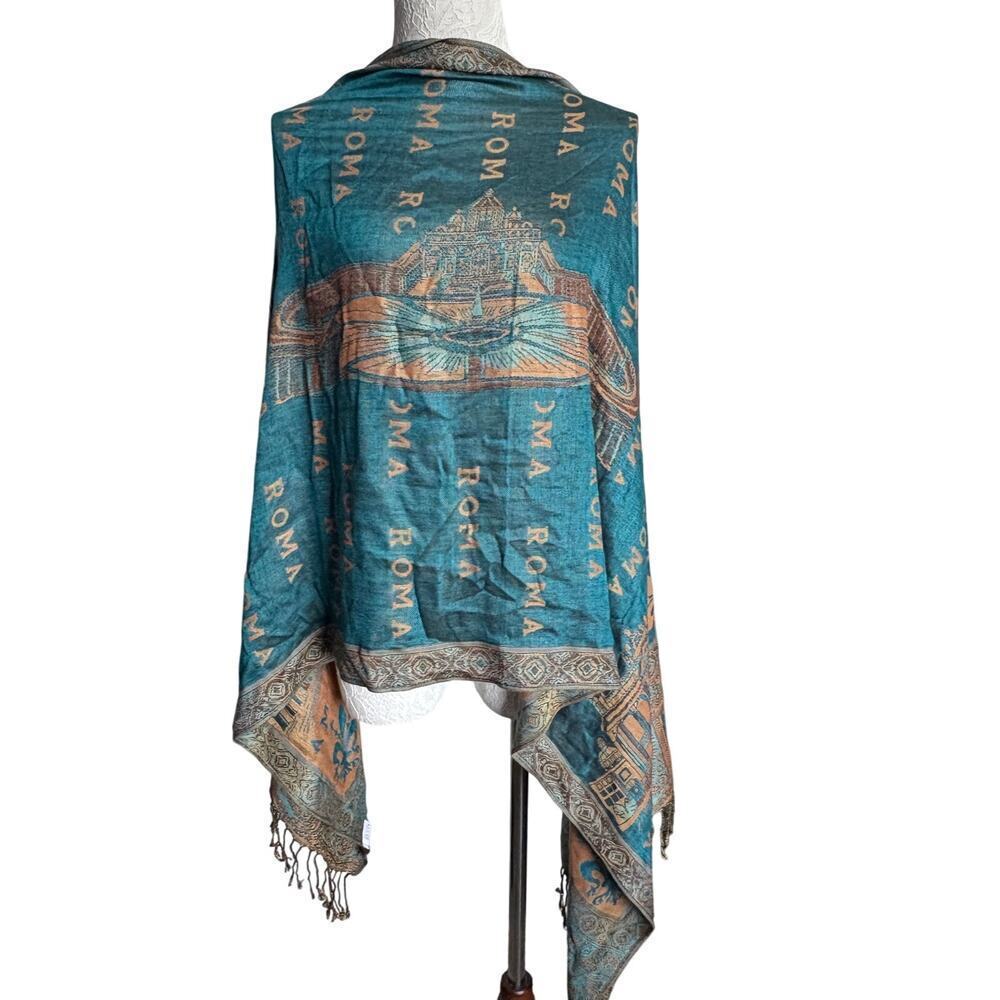 Title:
Vintage Roma Italy Scarf Wrap Teal Gold Colosseum Print 70x27